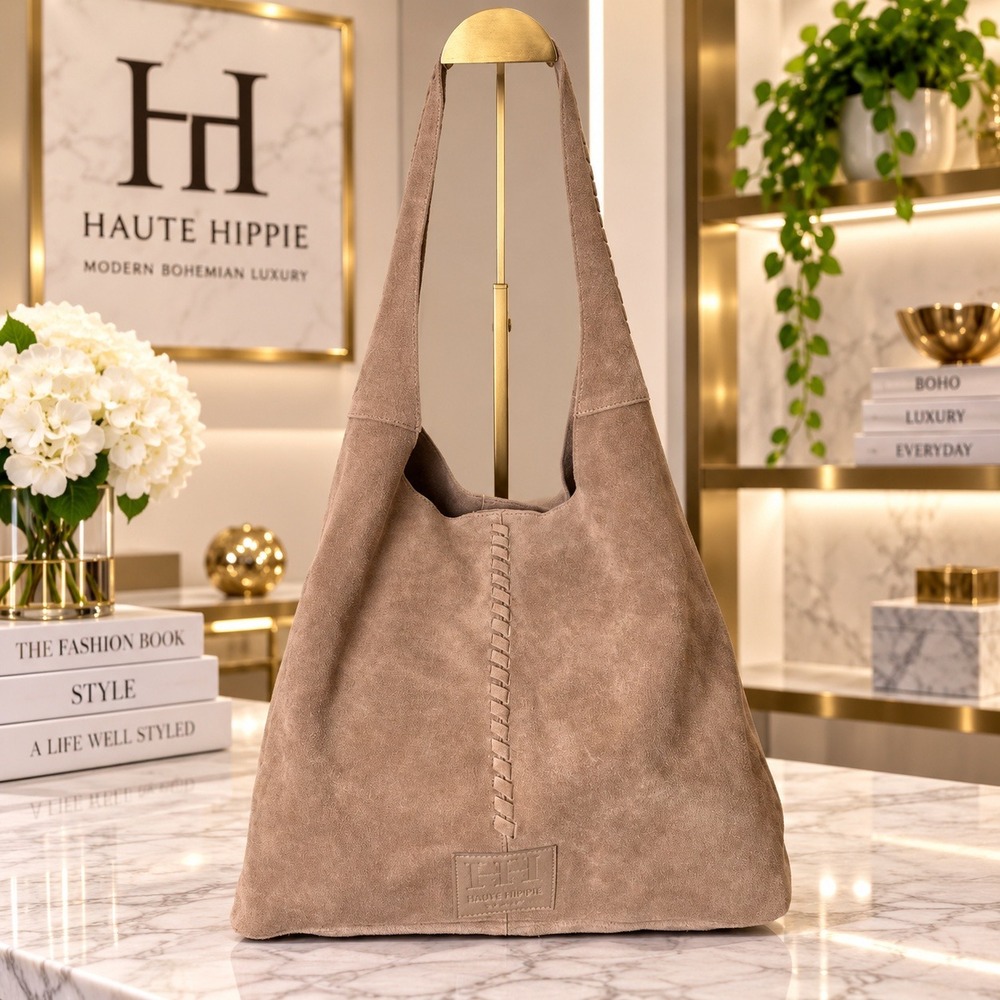 Haute Hippie Tan Suede Boho Slouchy Hobo Shoulder Bag Handbag Whipstitch Detail